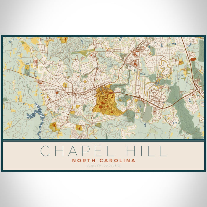 Chapel Hill North Carolina Map Print Landscape Orientation in Woodblock Style With Shaded Background