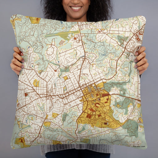 Person holding 22x22 Custom Chapel Hill North Carolina Map Throw Pillow in Woodblock