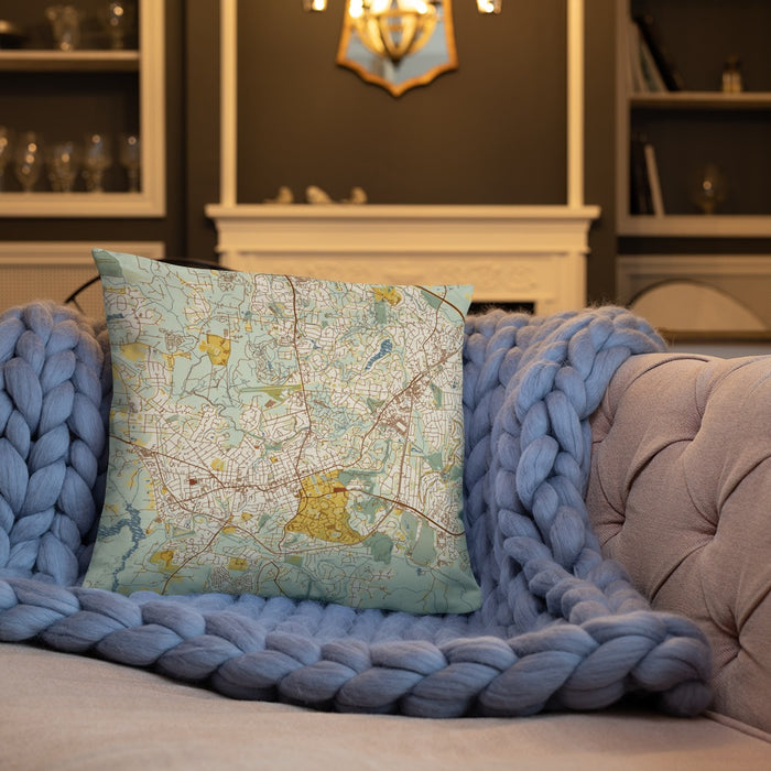 Custom Chapel Hill North Carolina Map Throw Pillow in Woodblock on Cream Colored Couch