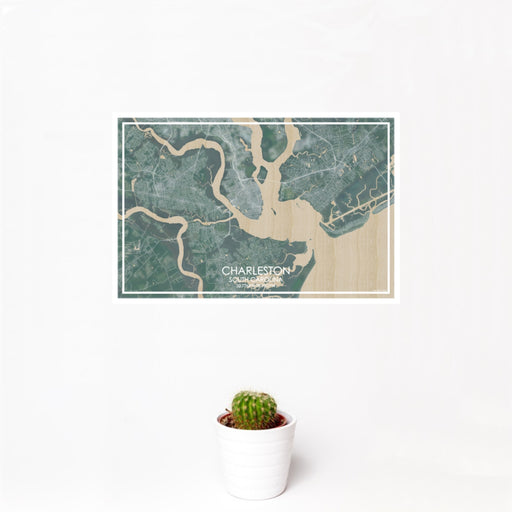 12x18 Charleston South Carolina Map Print Landscape Orientation in Afternoon Style With Small Cactus Plant in White Planter