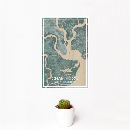 12x18 Charleston South Carolina Map Print Portrait Orientation in Afternoon Style With Small Cactus Plant in White Planter