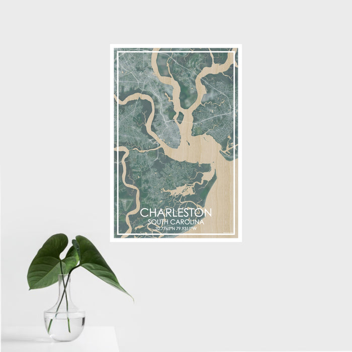 16x24 Charleston South Carolina Map Print Portrait Orientation in Afternoon Style With Tropical Plant Leaves in Water