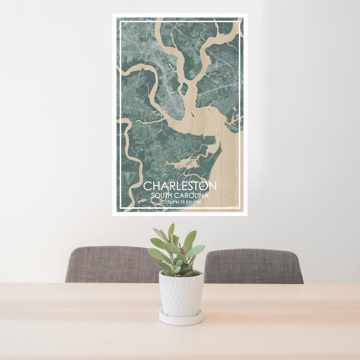 24x36 Charleston South Carolina Map Print Portrait Orientation in Afternoon Style Behind 2 Chairs Table and Potted Plant