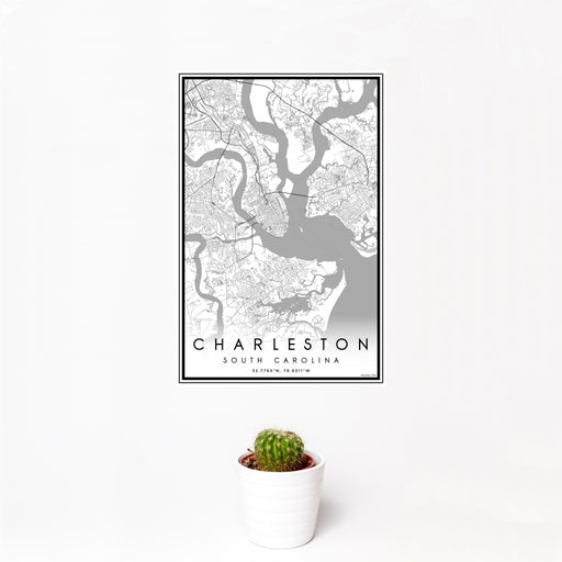 12x18 Charleston South Carolina Map Print Portrait Orientation in Classic Style With Small Cactus Plant in White Planter