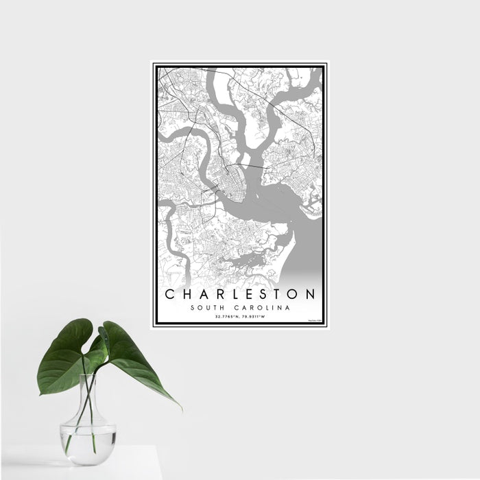 16x24 Charleston South Carolina Map Print Portrait Orientation in Classic Style With Tropical Plant Leaves in Water
