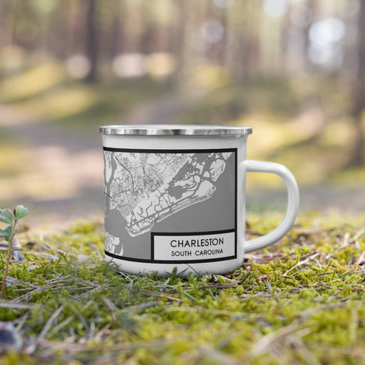 Right View Custom Charleston South Carolina Map Enamel Mug in Classic on Grass With Trees in Background