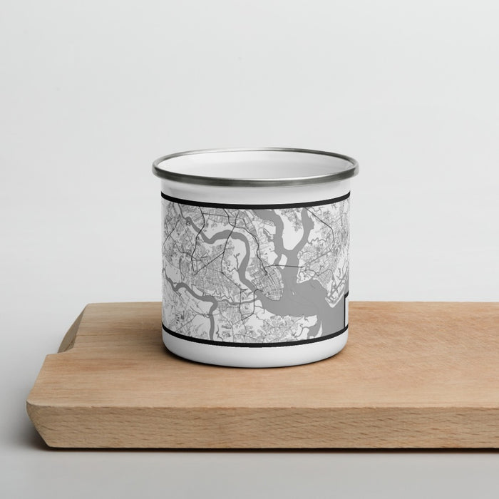 Front View Custom Charleston South Carolina Map Enamel Mug in Classic on Cutting Board