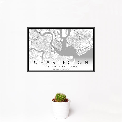 12x18 Charleston South Carolina Map Print Landscape Orientation in Classic Style With Small Cactus Plant in White Planter