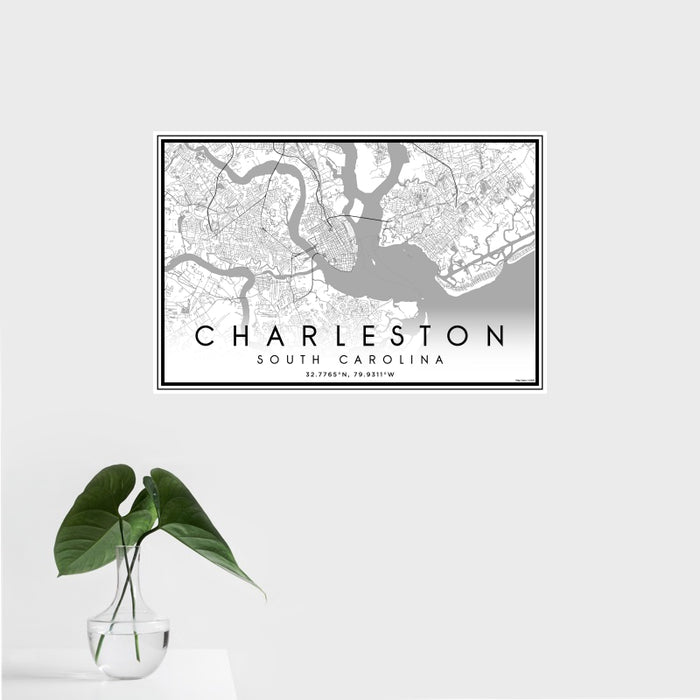 16x24 Charleston South Carolina Map Print Landscape Orientation in Classic Style With Tropical Plant Leaves in Water