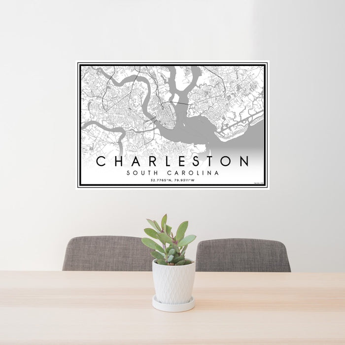 24x36 Charleston South Carolina Map Print Landscape Orientation in Classic Style Behind 2 Chairs Table and Potted Plant
