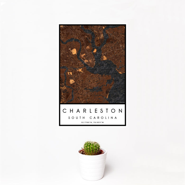 12x18 Charleston South Carolina Map Print Portrait Orientation in Ember Style With Small Cactus Plant in White Planter