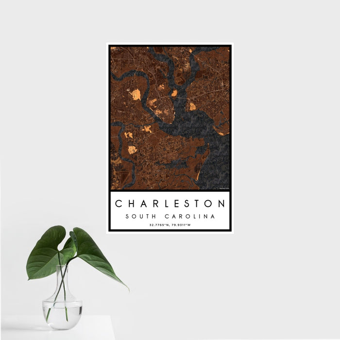 16x24 Charleston South Carolina Map Print Portrait Orientation in Ember Style With Tropical Plant Leaves in Water