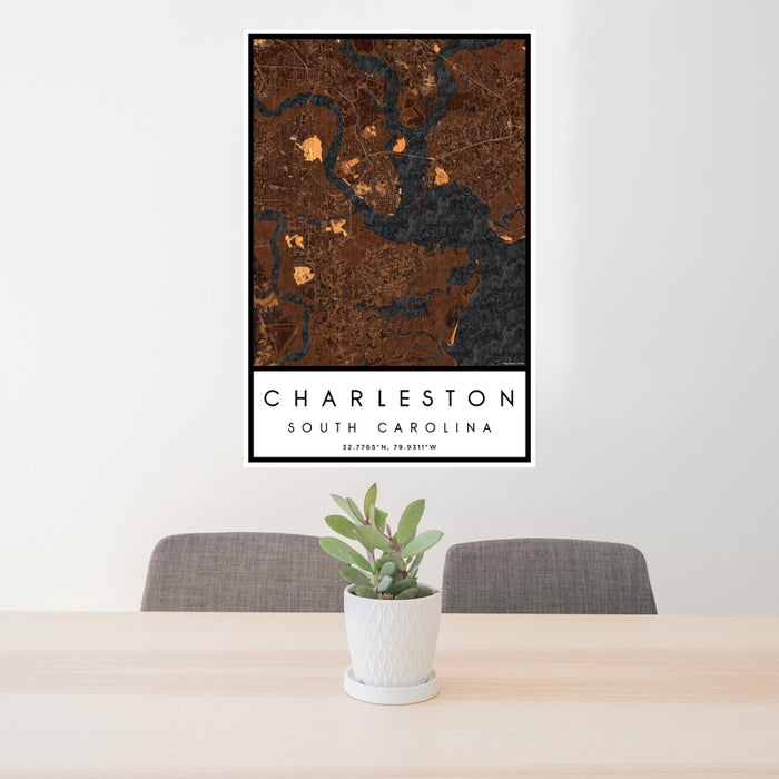24x36 Charleston South Carolina Map Print Portrait Orientation in Ember Style Behind 2 Chairs Table and Potted Plant