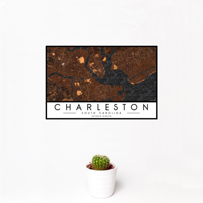 12x18 Charleston South Carolina Map Print Landscape Orientation in Ember Style With Small Cactus Plant in White Planter