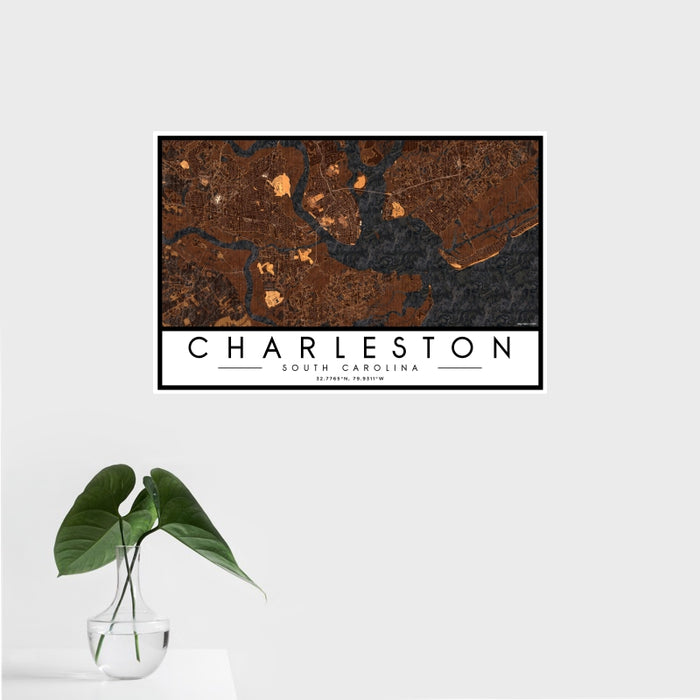 16x24 Charleston South Carolina Map Print Landscape Orientation in Ember Style With Tropical Plant Leaves in Water