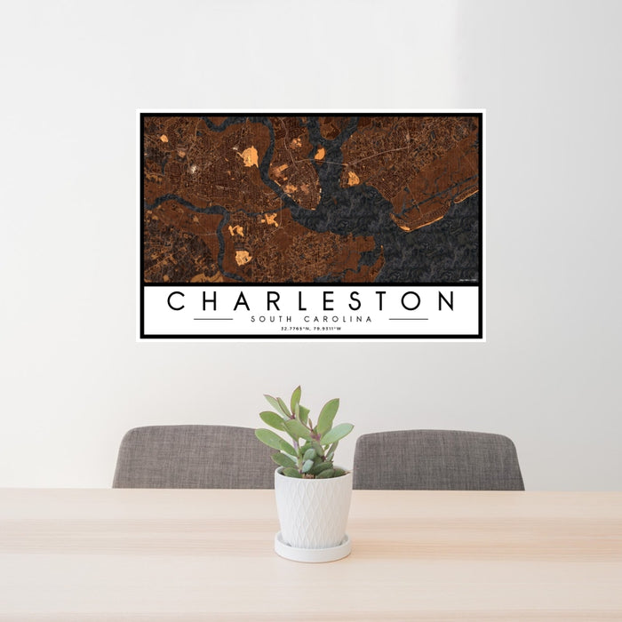 24x36 Charleston South Carolina Map Print Landscape Orientation in Ember Style Behind 2 Chairs Table and Potted Plant
