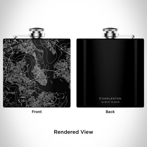 Rendered View of Charleston South Carolina Map Engraving on 6oz Stainless Steel Flask in Black