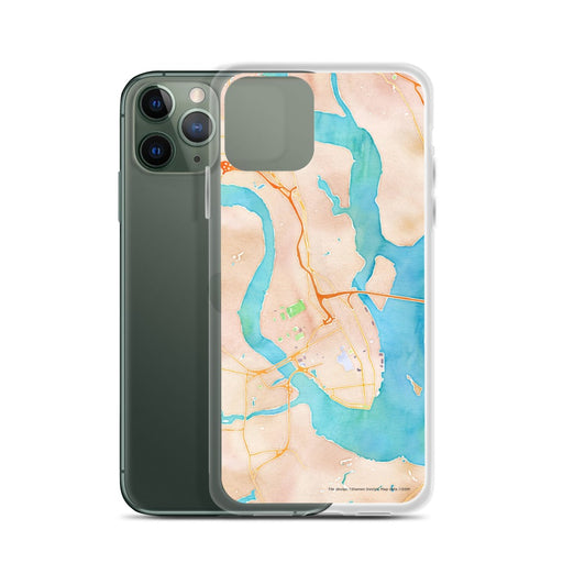 Custom Charleston South Carolina Map Phone Case in Watercolor on Table with Laptop and Plant