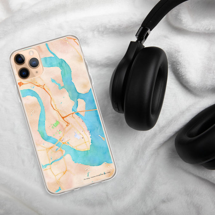 Custom Charleston South Carolina Map Phone Case in Watercolor on Table with Black Headphones