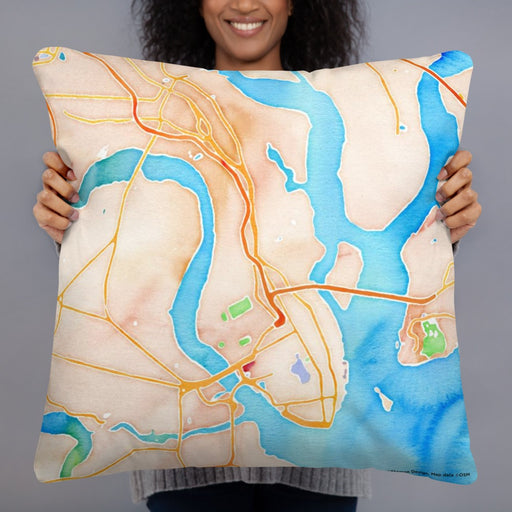 Person holding 22x22 Custom Charleston South Carolina Map Throw Pillow in Watercolor