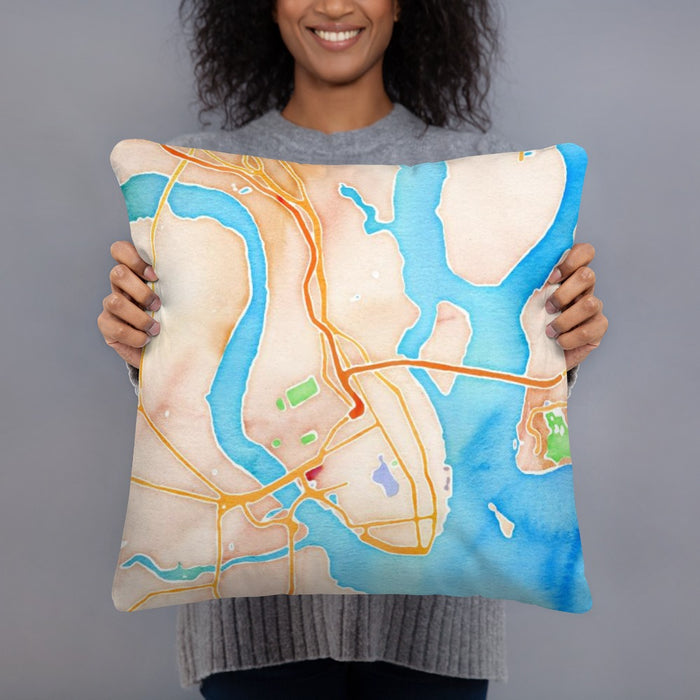 Person holding 18x18 Custom Charleston South Carolina Map Throw Pillow in Watercolor