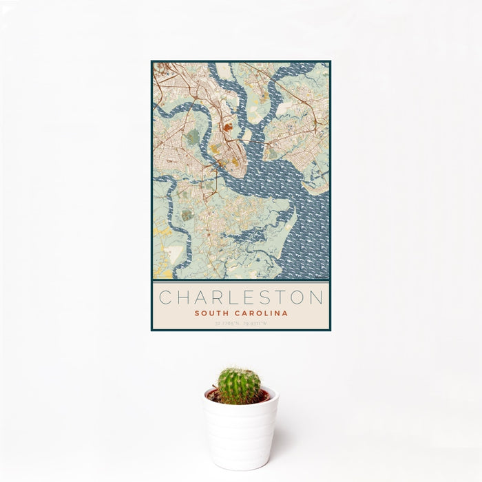12x18 Charleston South Carolina Map Print Portrait Orientation in Woodblock Style With Small Cactus Plant in White Planter