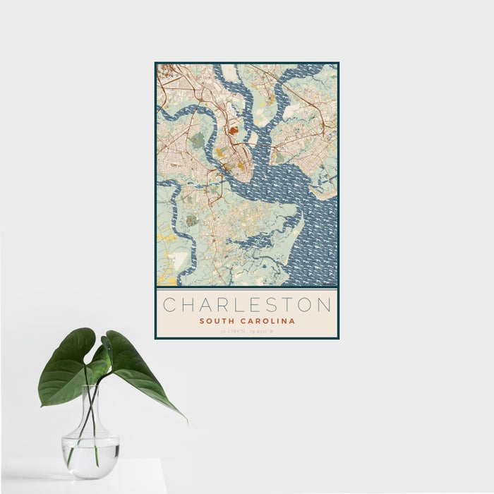 16x24 Charleston South Carolina Map Print Portrait Orientation in Woodblock Style With Tropical Plant Leaves in Water