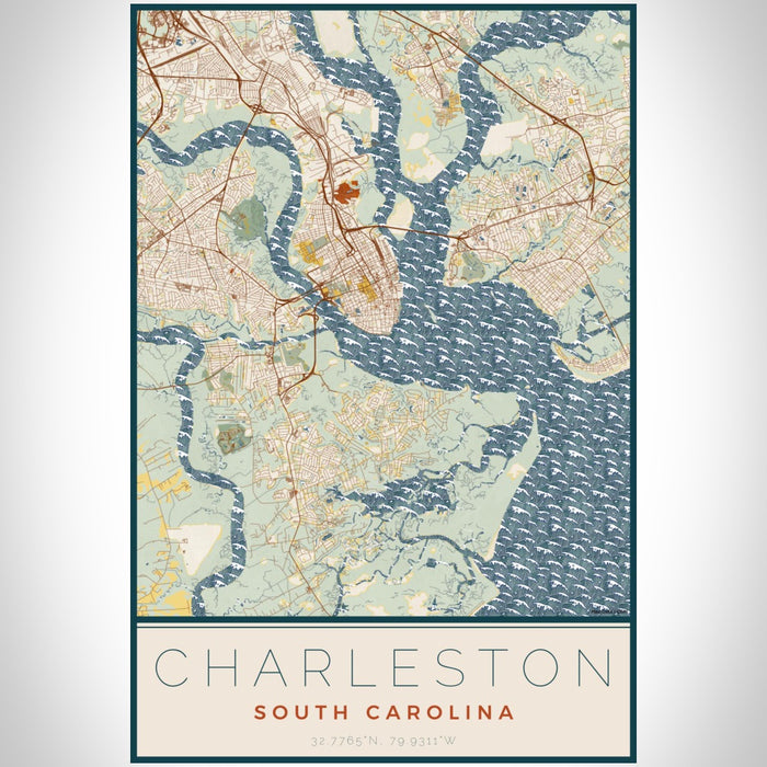 Charleston South Carolina Map Print Portrait Orientation in Woodblock Style With Shaded Background