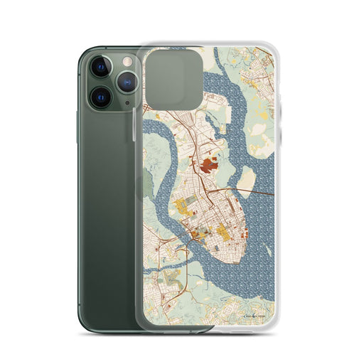 Custom Charleston South Carolina Map Phone Case in Woodblock on Table with Laptop and Plant