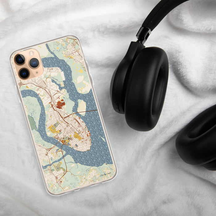 Custom Charleston South Carolina Map Phone Case in Woodblock on Table with Black Headphones