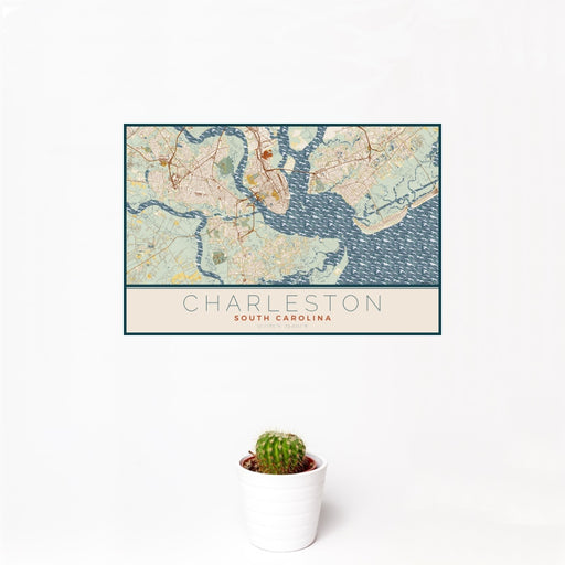 12x18 Charleston South Carolina Map Print Landscape Orientation in Woodblock Style With Small Cactus Plant in White Planter