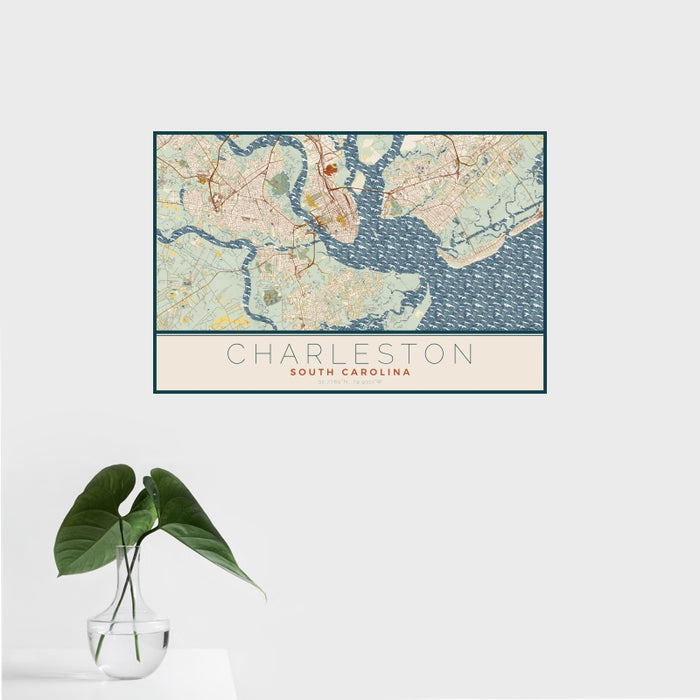 16x24 Charleston South Carolina Map Print Landscape Orientation in Woodblock Style With Tropical Plant Leaves in Water