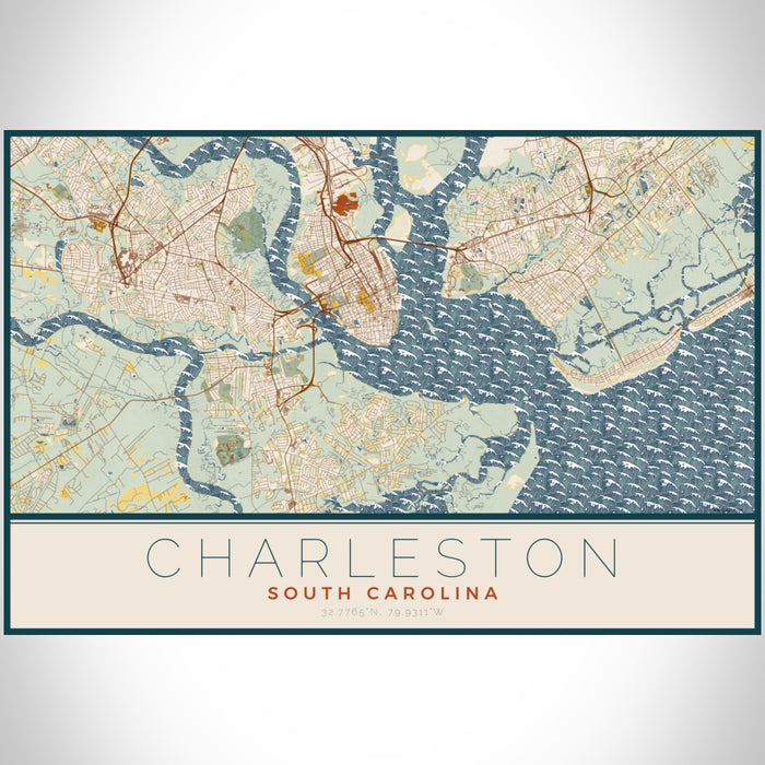 Charleston South Carolina Map Print Landscape Orientation in Woodblock Style With Shaded Background
