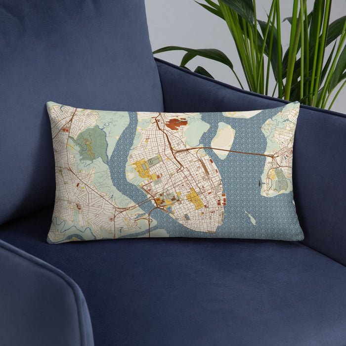Custom Charleston South Carolina Map Throw Pillow in Woodblock on Blue Colored Chair