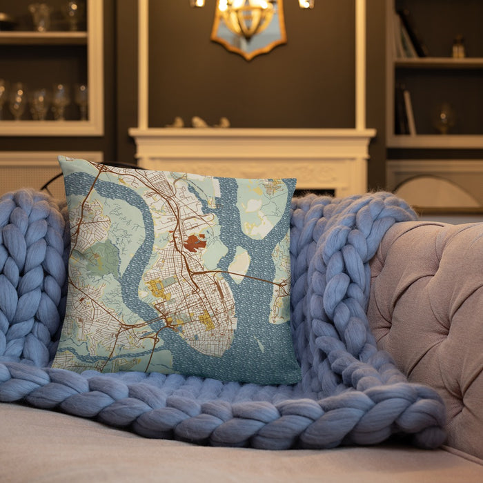 Custom Charleston South Carolina Map Throw Pillow in Woodblock on Cream Colored Couch