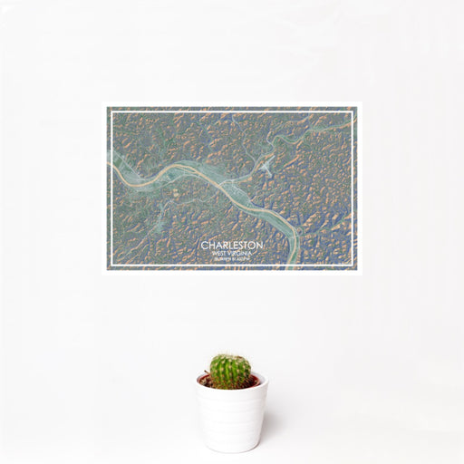 12x18 Charleston West Virginia Map Print Landscape Orientation in Afternoon Style With Small Cactus Plant in White Planter