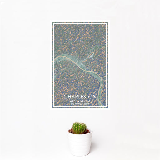 12x18 Charleston West Virginia Map Print Portrait Orientation in Afternoon Style With Small Cactus Plant in White Planter