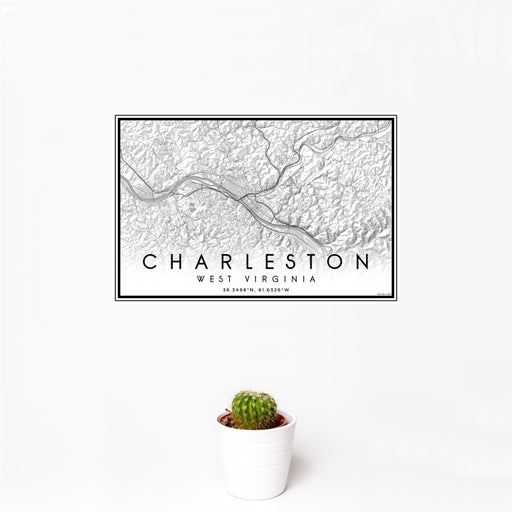 12x18 Charleston West Virginia Map Print Landscape Orientation in Classic Style With Small Cactus Plant in White Planter
