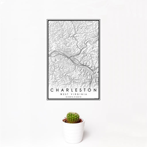 12x18 Charleston West Virginia Map Print Portrait Orientation in Classic Style With Small Cactus Plant in White Planter