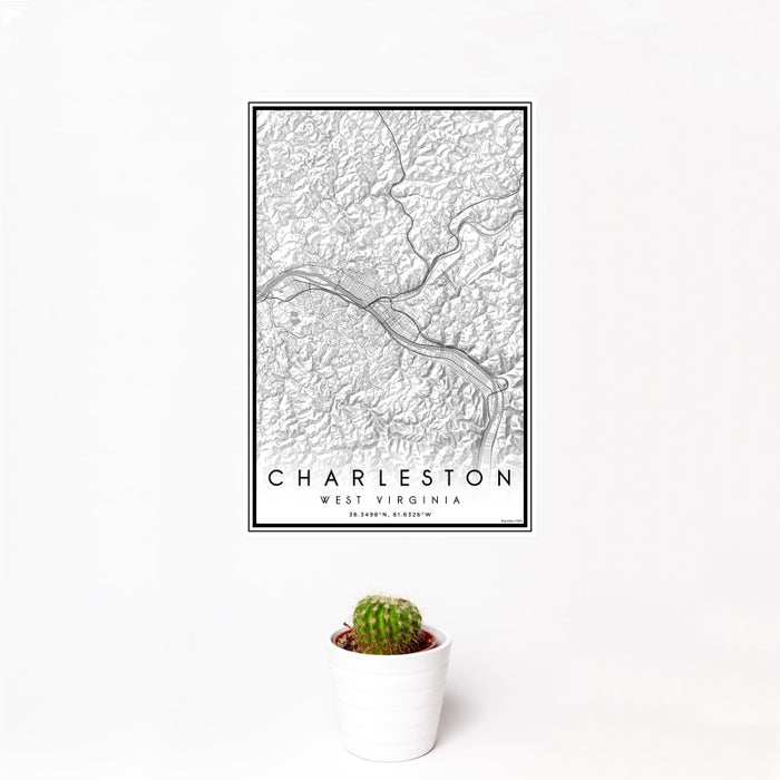 12x18 Charleston West Virginia Map Print Portrait Orientation in Classic Style With Small Cactus Plant in White Planter