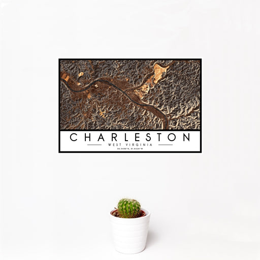 12x18 Charleston West Virginia Map Print Landscape Orientation in Ember Style With Small Cactus Plant in White Planter