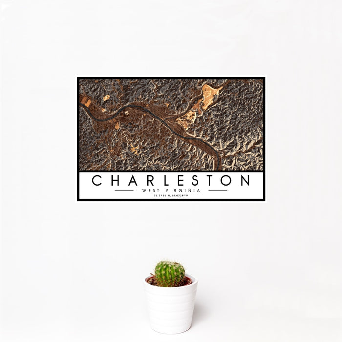 12x18 Charleston West Virginia Map Print Landscape Orientation in Ember Style With Small Cactus Plant in White Planter