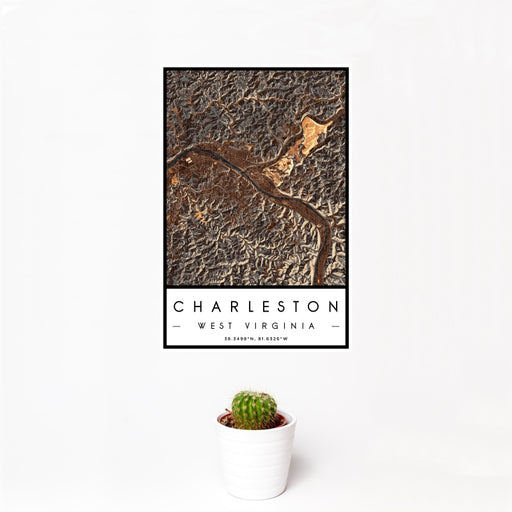 12x18 Charleston West Virginia Map Print Portrait Orientation in Ember Style With Small Cactus Plant in White Planter