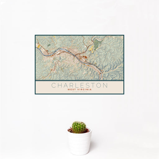 12x18 Charleston West Virginia Map Print Landscape Orientation in Woodblock Style With Small Cactus Plant in White Planter