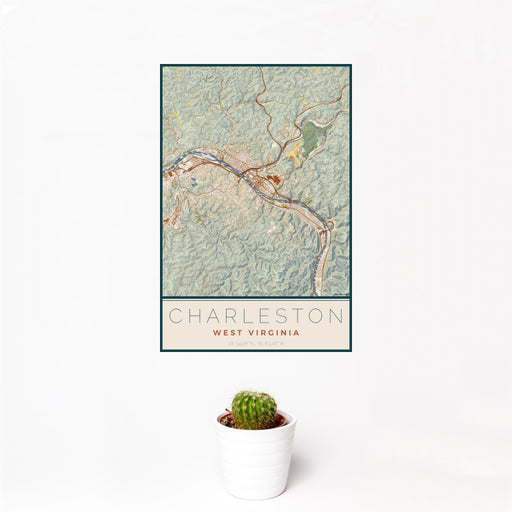 12x18 Charleston West Virginia Map Print Portrait Orientation in Woodblock Style With Small Cactus Plant in White Planter