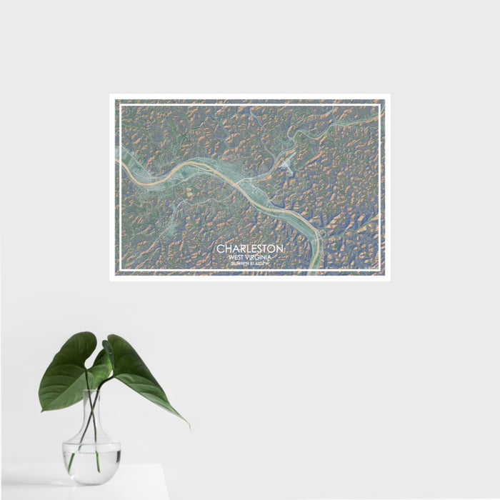 16x24 Charleston West Virginia Map Print Landscape Orientation in Afternoon Style With Tropical Plant Leaves in Water