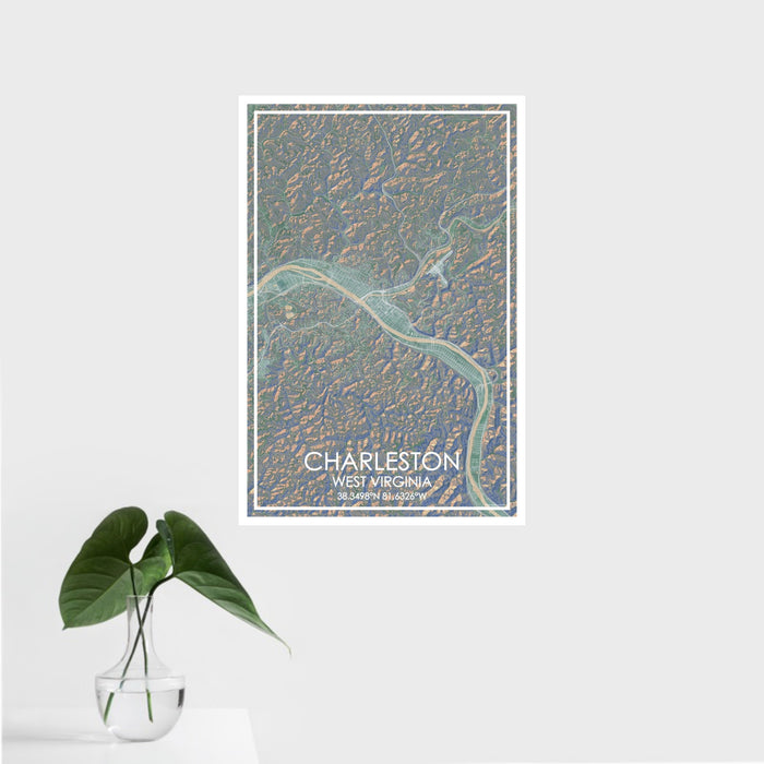 16x24 Charleston West Virginia Map Print Portrait Orientation in Afternoon Style With Tropical Plant Leaves in Water
