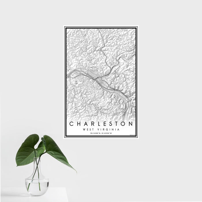 16x24 Charleston West Virginia Map Print Portrait Orientation in Classic Style With Tropical Plant Leaves in Water