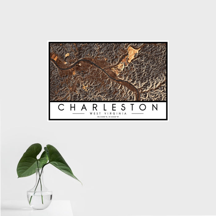 16x24 Charleston West Virginia Map Print Landscape Orientation in Ember Style With Tropical Plant Leaves in Water