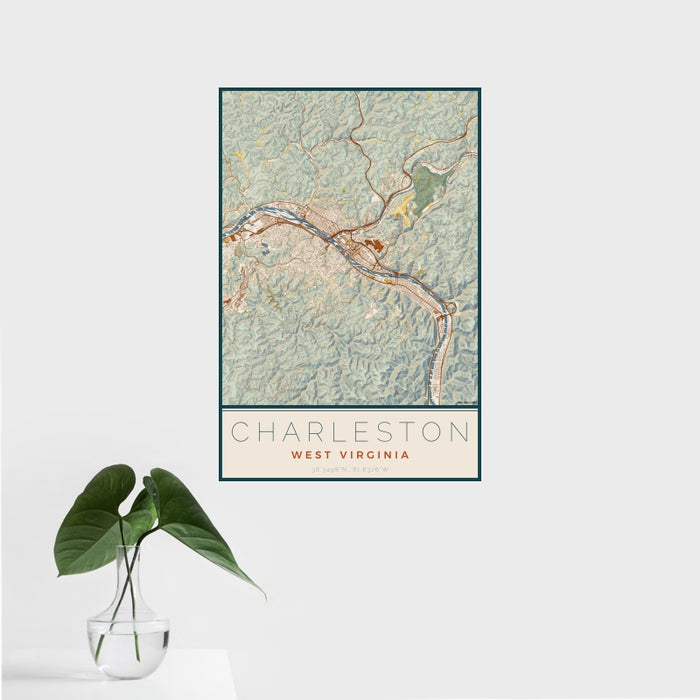 16x24 Charleston West Virginia Map Print Portrait Orientation in Woodblock Style With Tropical Plant Leaves in Water